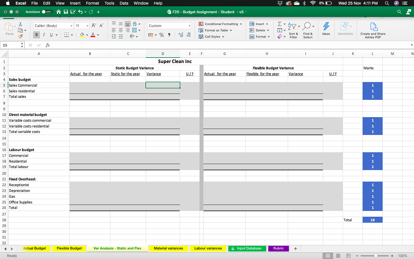 are highlighted in yellow: > Static Budget > Actual Budget > Flexible