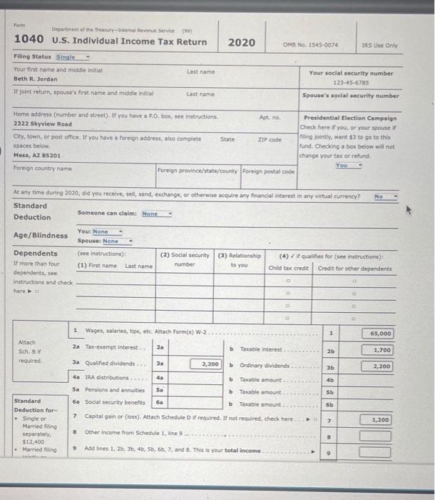  Note: This problem is for the 2020 tax year. Beth R.