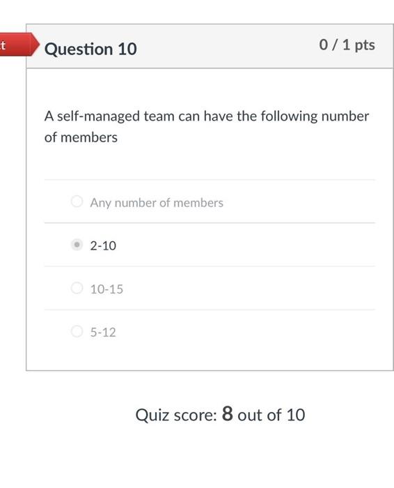  Et Question 10 0 / 1 pts A self-managed team can