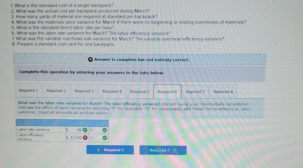 variable costs relating to a single backpack are given below: Standard Quantity