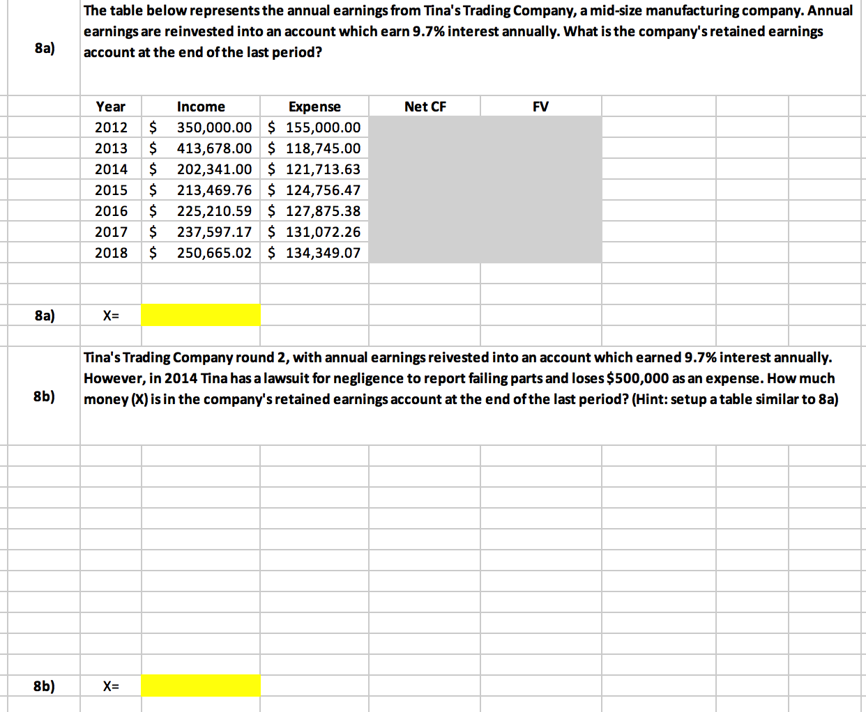 Use Excel.. (PV, FV, or PMT) The table below represents the annual