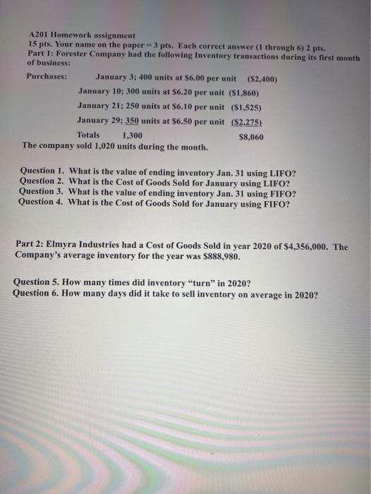  A201 Homework assignment 15 pts. Your name on the paper 3