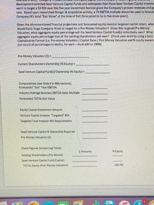 Pre-Money" Valuations and compute the respective percentage ownerships for all Shareholders or