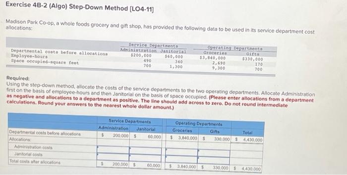  Exercise 4B-2 (Algo) Step-Down Method (L04-11) Madison Park Co-op, a whole