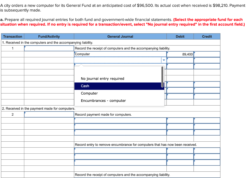  A city orders a new computer for its General Fund at