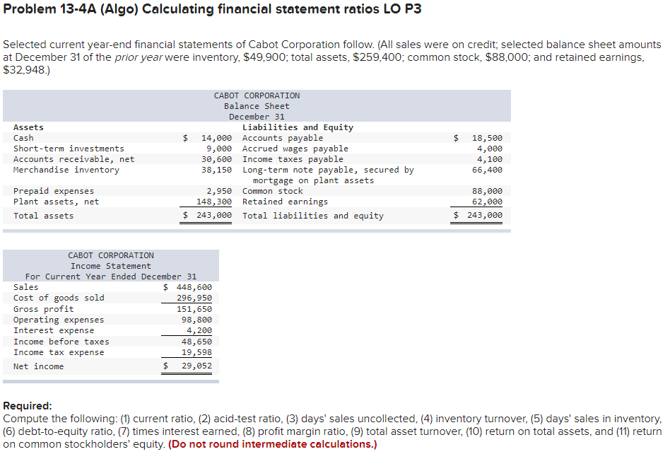Problem 13-4A (Algo) Calculating financial statement ratios LO P3 Selected current