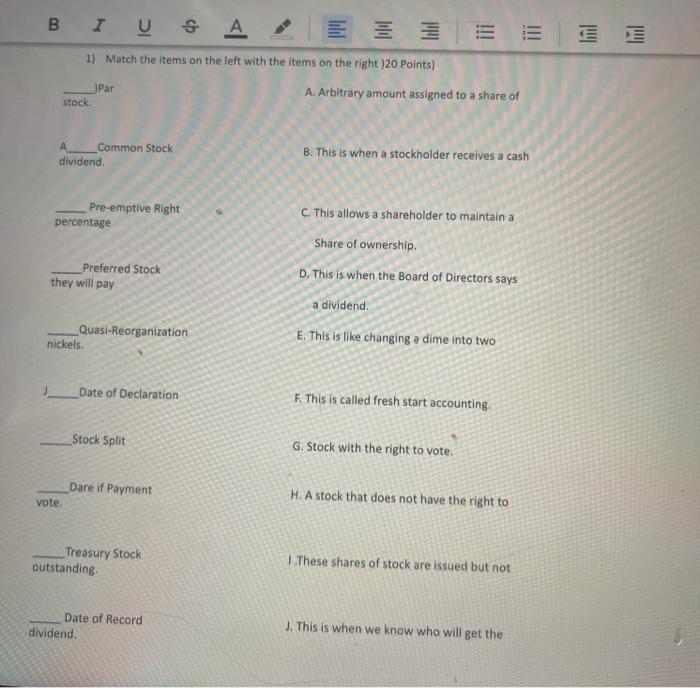  BI V S A ini 1) Match the items on the