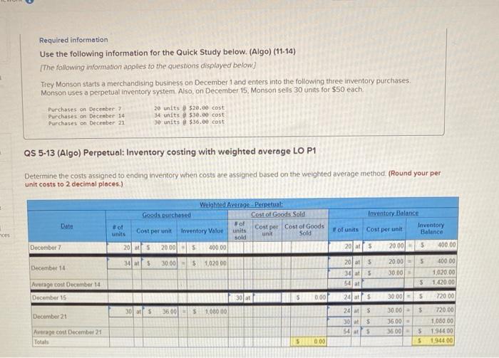  Required information Use the following information for the Quick Study below.
