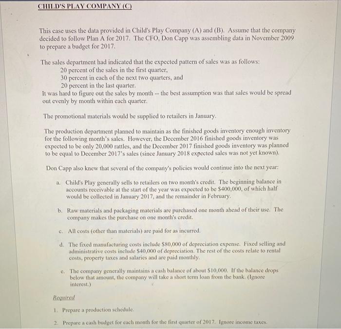  CHILD'S PLAY COMPANY (0) This case uses the data provided in