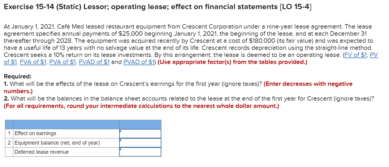  Exercise 15-14 (Static) Lessor; operating lease; effect on financial statements [LO