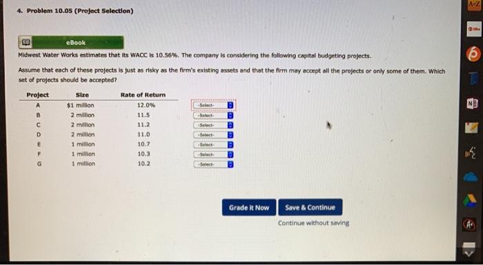  AZ 4. Problem 10.05 (Project Selection) CO 6 eBook Midwest Water
