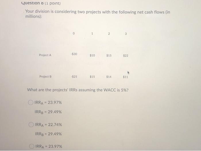  Question 8 (1 point) Your division is considering two projects with