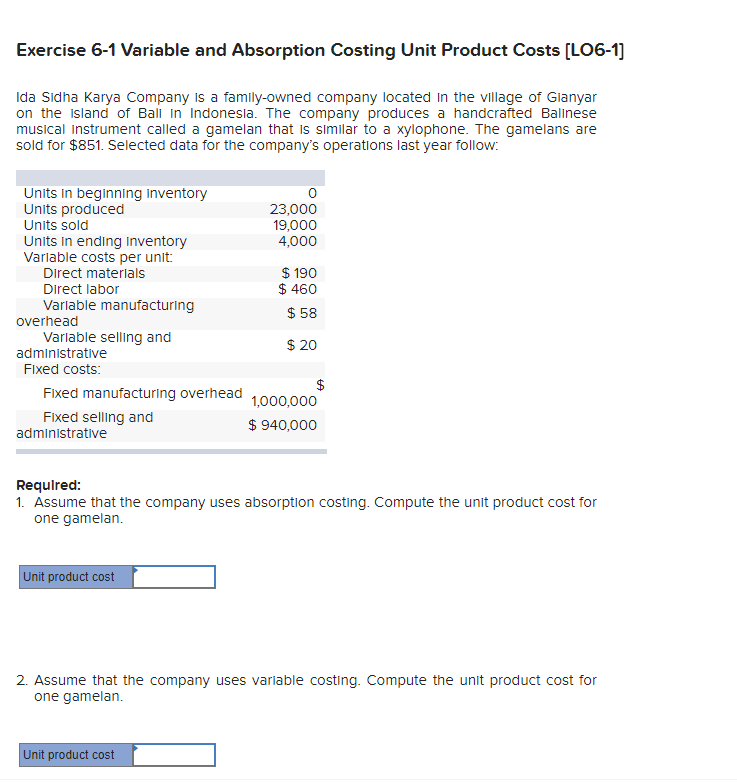 Exercise 6-1 Variable and Absorption Costing Unit Product Costs [LO6-1) Ida