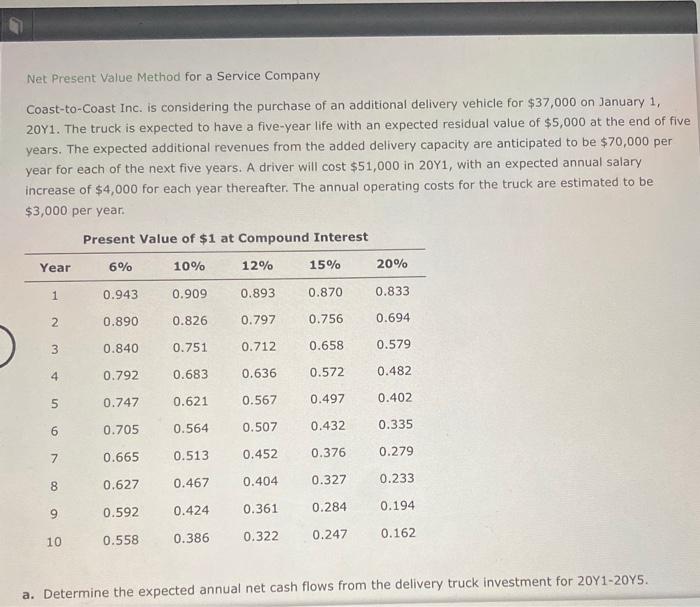  Net Present Value Method for a Service Company Coast-to-Coast Inc. is