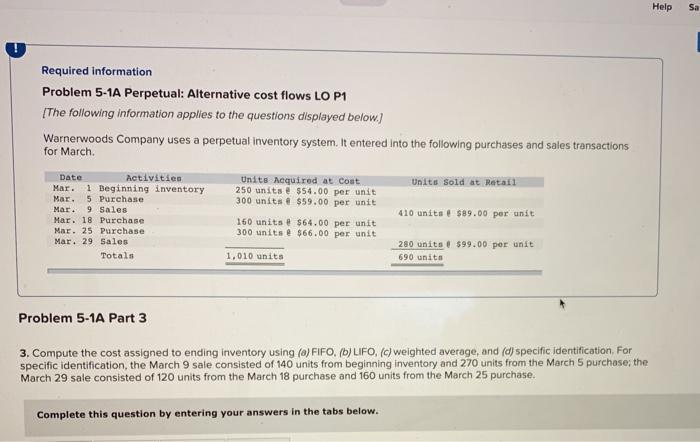  Help Sa Required information Problem 5-1A Perpetual: Alternative cost flows LO
