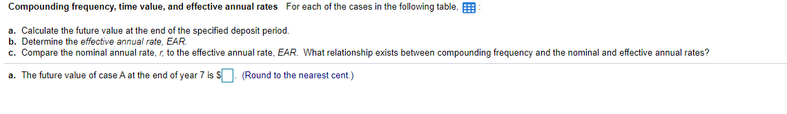 Compounding frequency, time value, and effective annual rates For each of