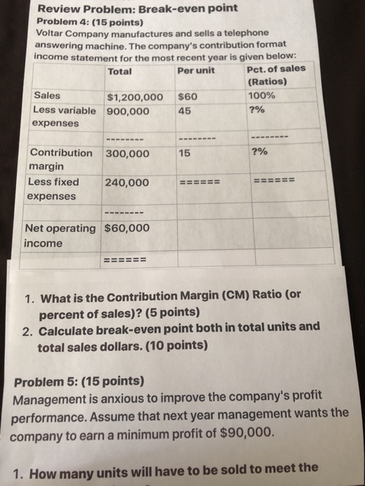 (10 points) Sales per unit = $250 Variable Cost per unit =
