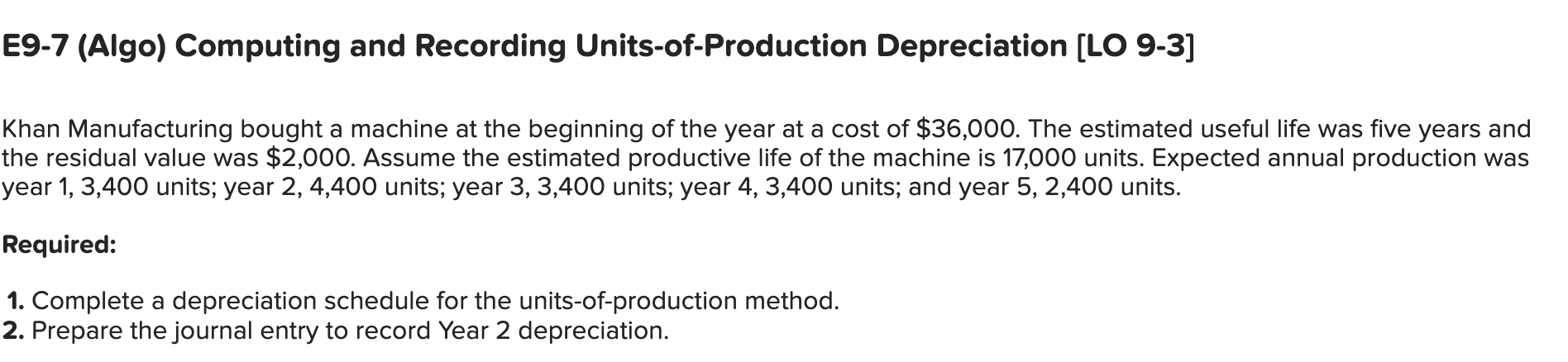  E9-7 (Algo) Computing and Recording Units-of-Production Depreciation (LO 9-3] Khan Manufacturing