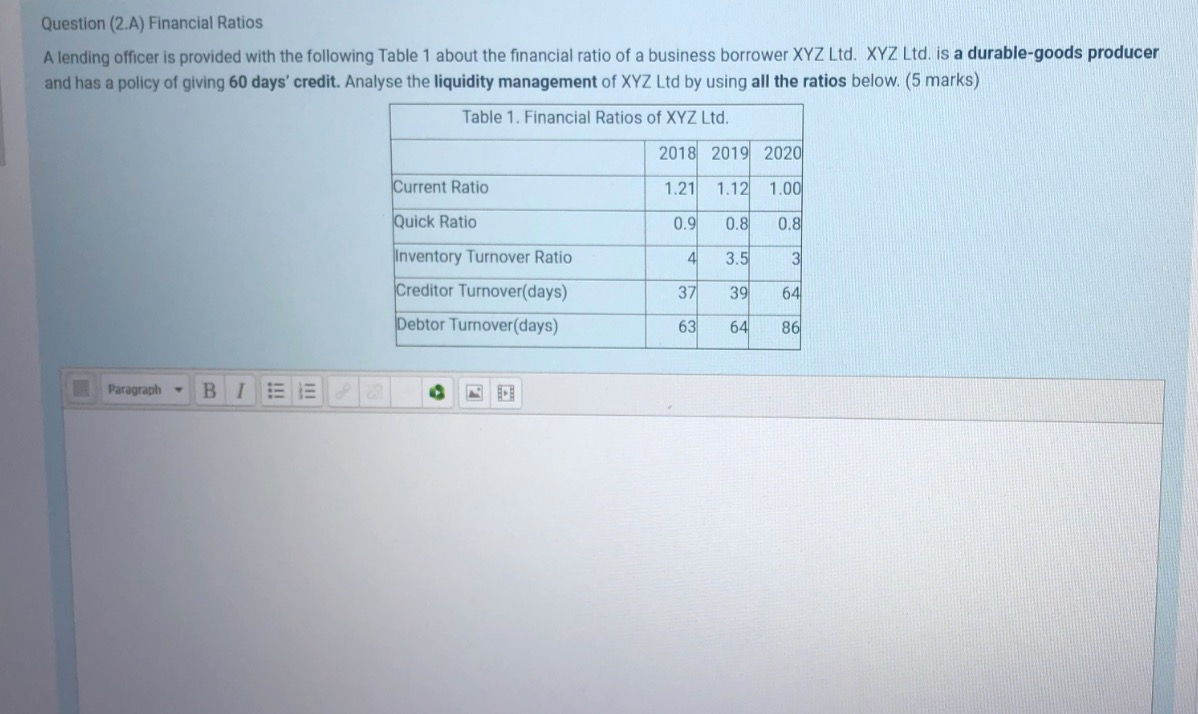 Please answer in details. Thx! Question (2.A) Financial Ratios A lending officer
