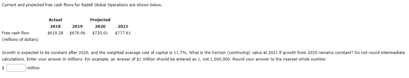  Current and projected free cash flows for Radell Global Operations are