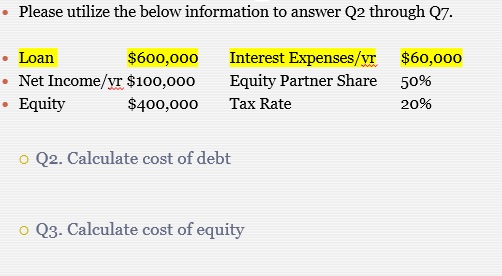  Please utilize the below information to answer Q2 through Q7. Loan