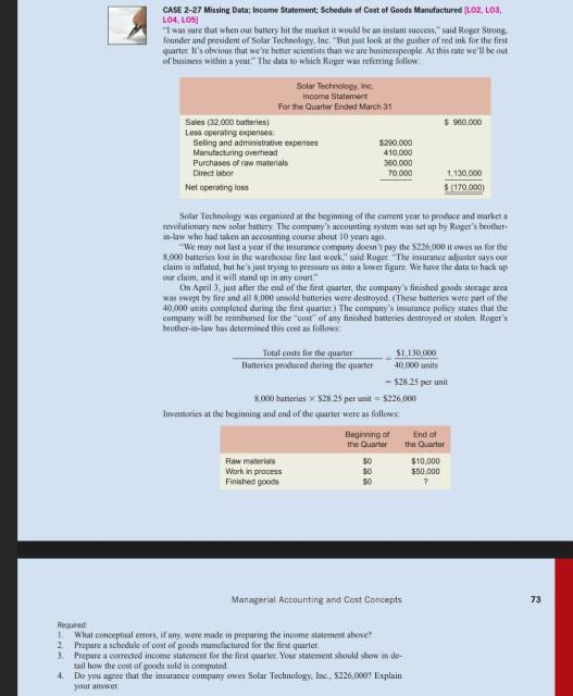  case 2-27 CASE 2-27 Missing Data; Income Statement, Schedule of Cost