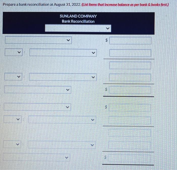 you! The following information pertains to Sunland Company. 1. Cash balance per