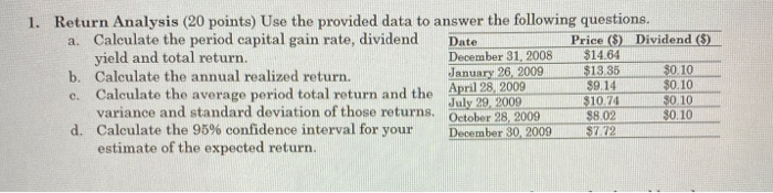 1. Return Analysis (20 points) Use the provided data to answer