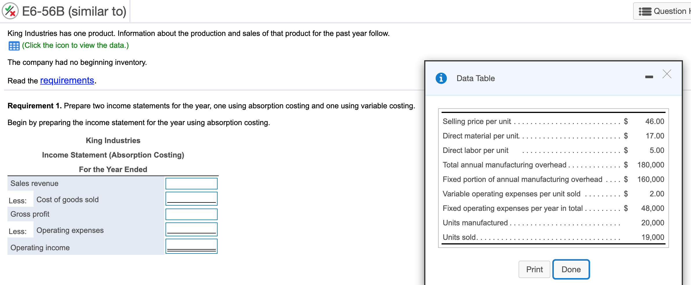 I need help with this. %E6-56B (similar to) Question King Industries has