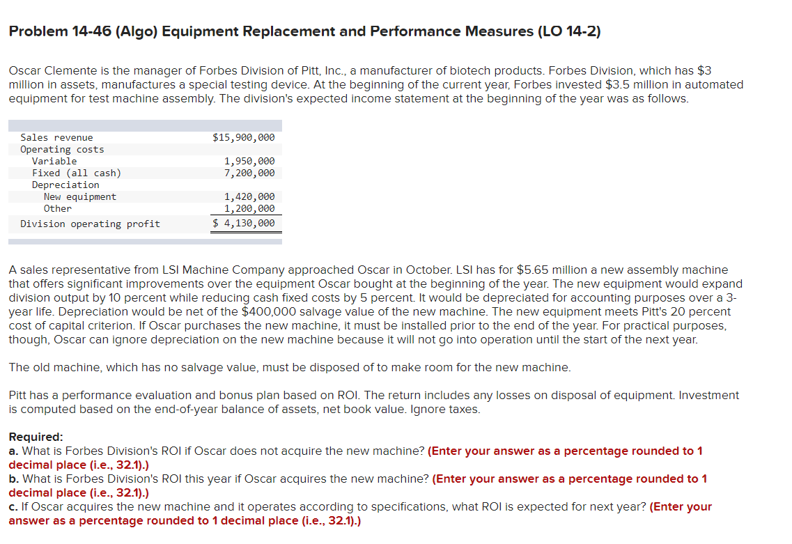 Problem 14-46 (Algo) Equipment Replacement and Performance Measures (LO 14-2) Oscar