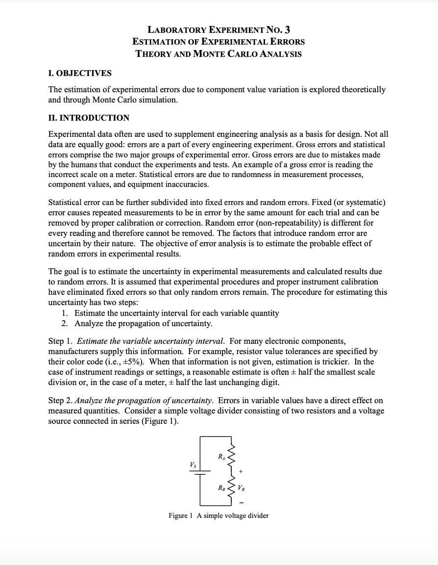 LABORATORY EXPERIMENT NO. 3 ESTIMATION OF EXPERIMENTAL ERRORS THEORY AND MONTE