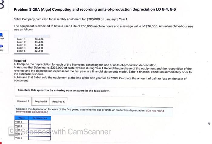  Problem 8-29A (Algo) Computing and recording units-of-production depreciation LO 8-4, 8-5