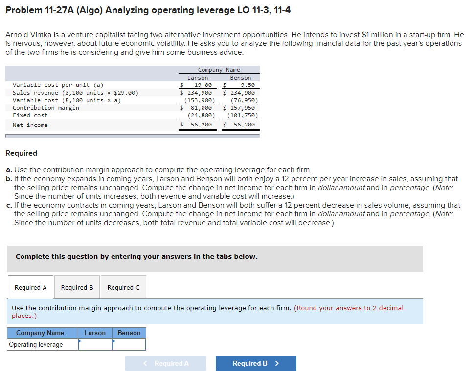 Problem 11-27A (Algo) Analyzing operating leverage LO 11-3, 11-4 Arnold Vimka is