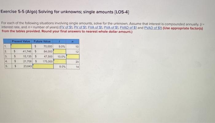 Exercise 5-5 (Algo) Solving for unknowns; single amounts (LO5-4) For each