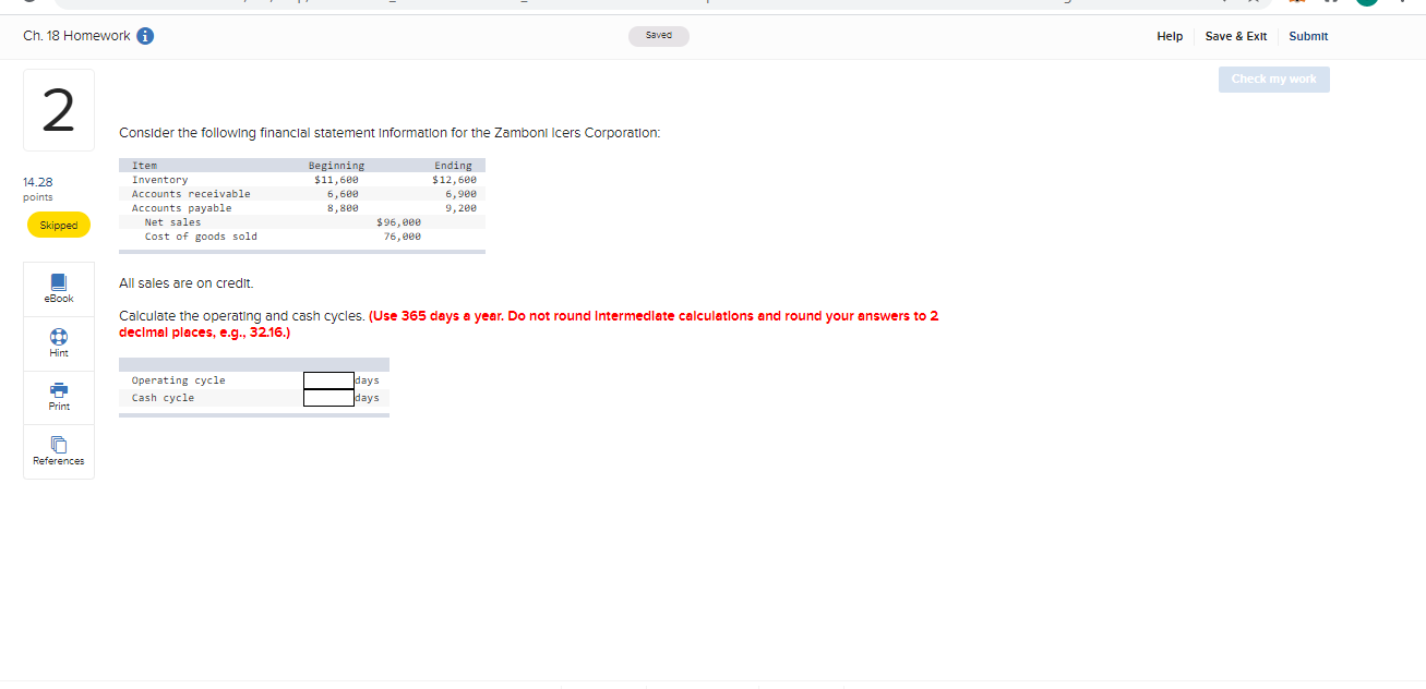  Ch. 18 Homework i Saved Help Save & Exit Submit Check