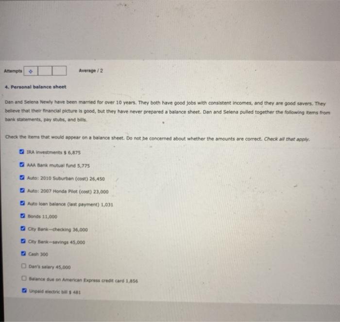  Attempts Average / 2 4. Personal balance sheet Dan and Selena