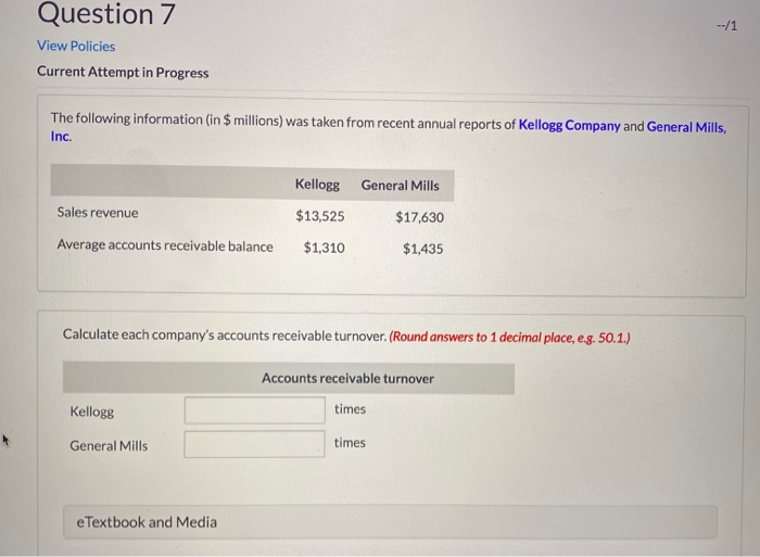  --/1 Question 7 View Policies Current Attempt in Progress The following