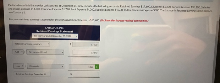 Please help Partial adjusted trial balance for Larkspur, Inc. at December 31,