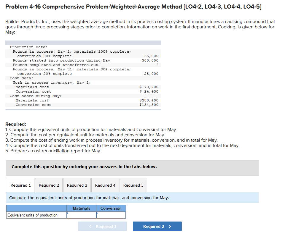  Problem 4-16 Comprehensive Problem-Weighted-Average Method [LO4-2, LO4-3, LO4-4, LO4-5) Builder Products,