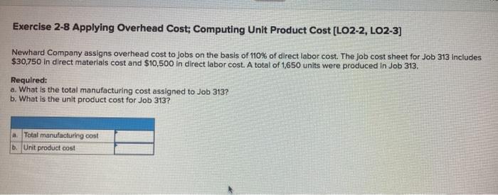  Exercise 2-8 Applying Overhead Cost; Computing Unit Product Cost [LO2-2, LO2-3]