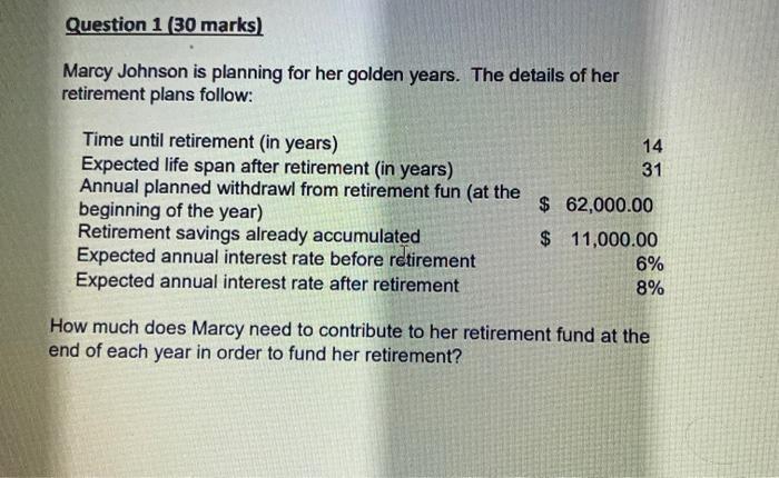  Question 1 (30 marks) Marcy Johnson is planning for her golden