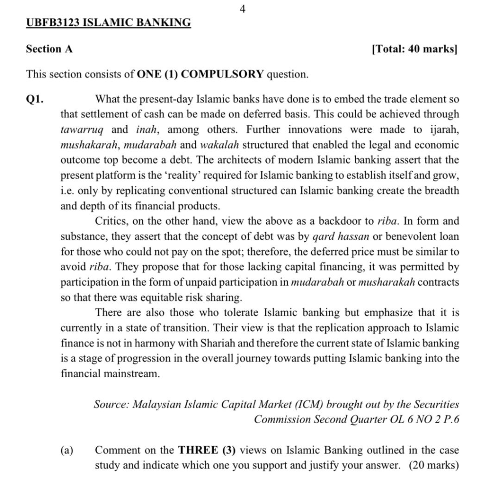  PLS HELP ME URGENT 4 UBFB3123 ISLAMIC BANKING Section A [Total: