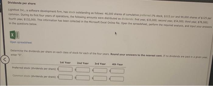  Uividends per share Lightfook Inc, a software development firm, has stock