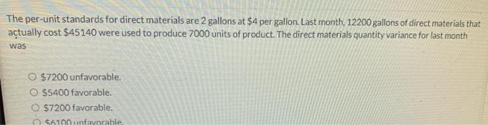  The per-unit standards for direct materials are 2 gallons at $4