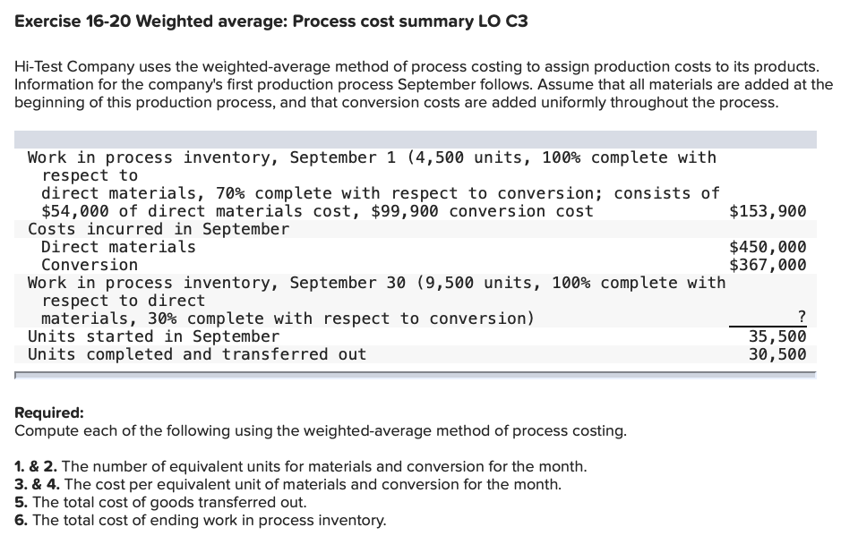  Exercise 16-20 Weighted average: Process cost summary LO C3 Hi-Test Company