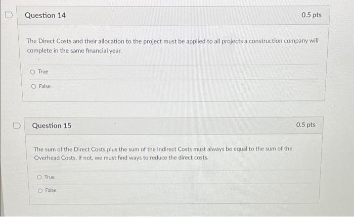  Question 14 0.5 pts The Direct Costs and their allocation to