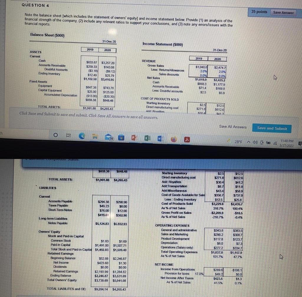 35 points QUESTION 4 Note the balance sheet (which includes the