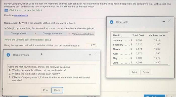  Meyer Company, which uses the high-low method to analyze cost behavior,