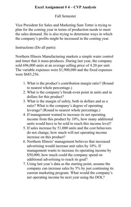  Excel Assignment # 4 - CVP Analysis Fall Semester Vice President