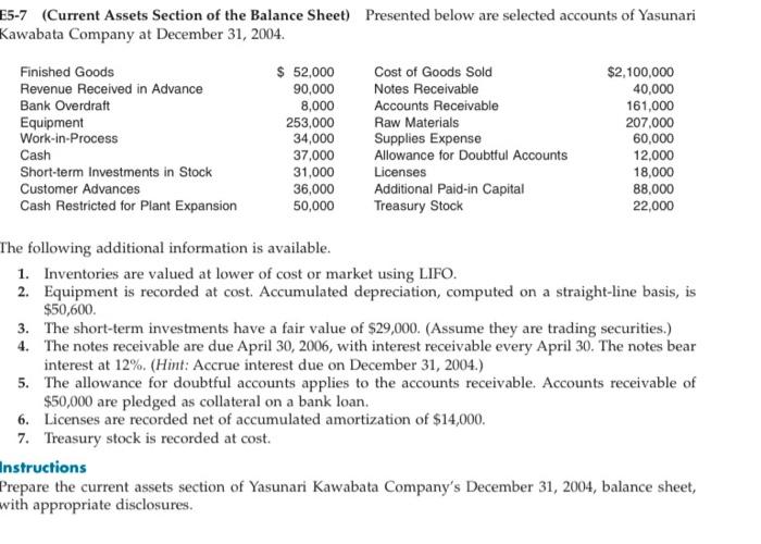  prepare current assets in balance sheet E5-7 (Current Assets Section of